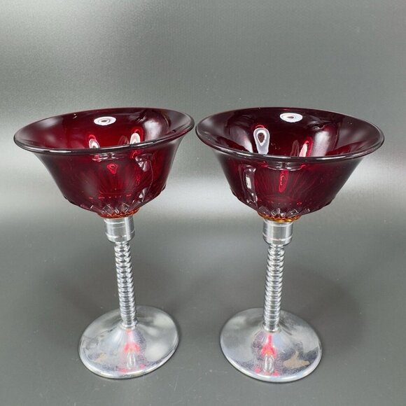 Art Deco Ruby Red Cadmium UV Glow Cocktail Glass Cups Chrome Stems Glasses Set2 - Picture 1 of 15